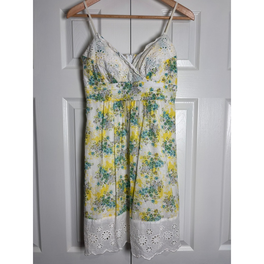 Ruby Rox Floral Eyelet Sun Dress Yellow Green White Swiss Dot Size 9 Juniors